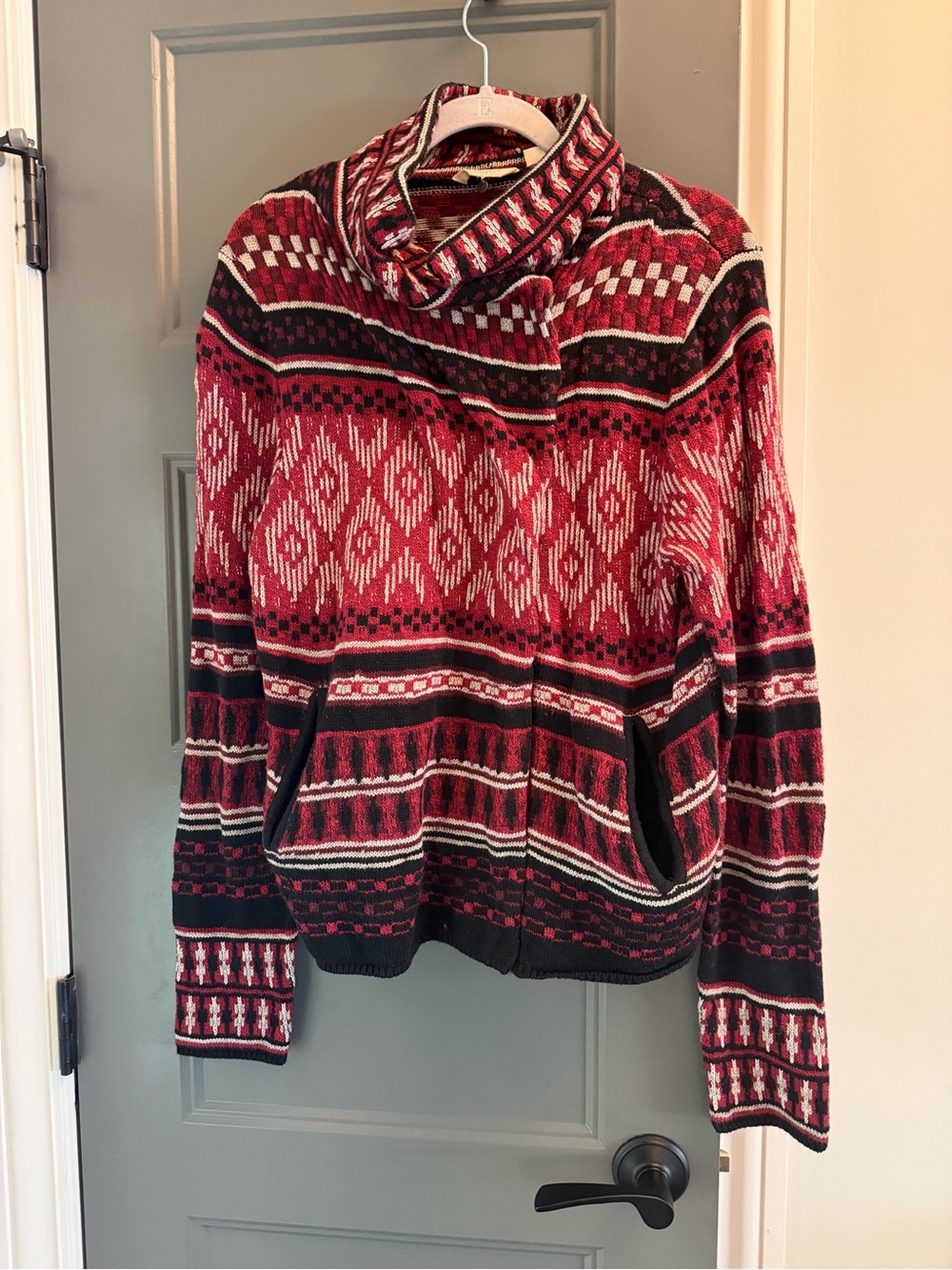 Lucky Brand Red and Black Patterned Cowl-Neck Sweater jacket  western XL